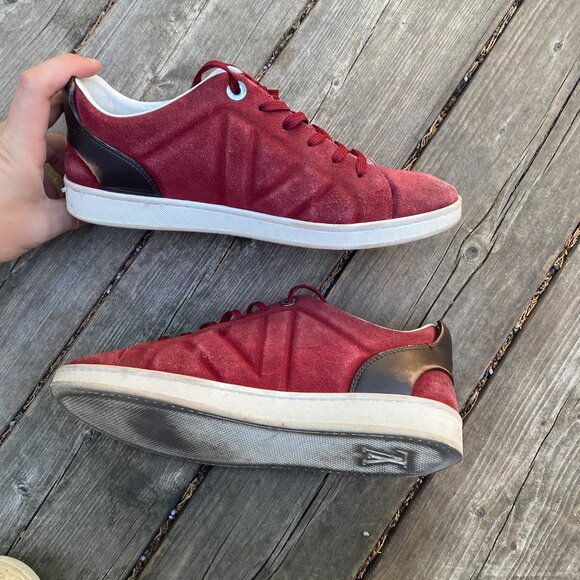 Louis Vuitton Burgundy/Black Suede and Leather Logo Lace Up Sneakers Size 7 - Picture 5 of 14